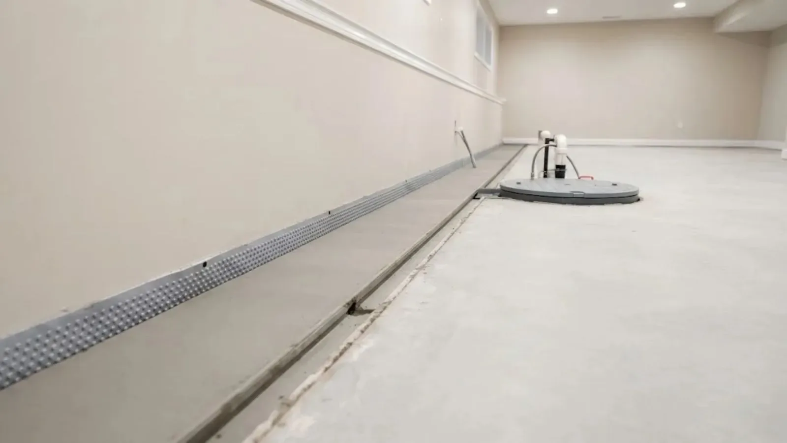 Interior drain channel along a finished basement wall leading to a sump pit