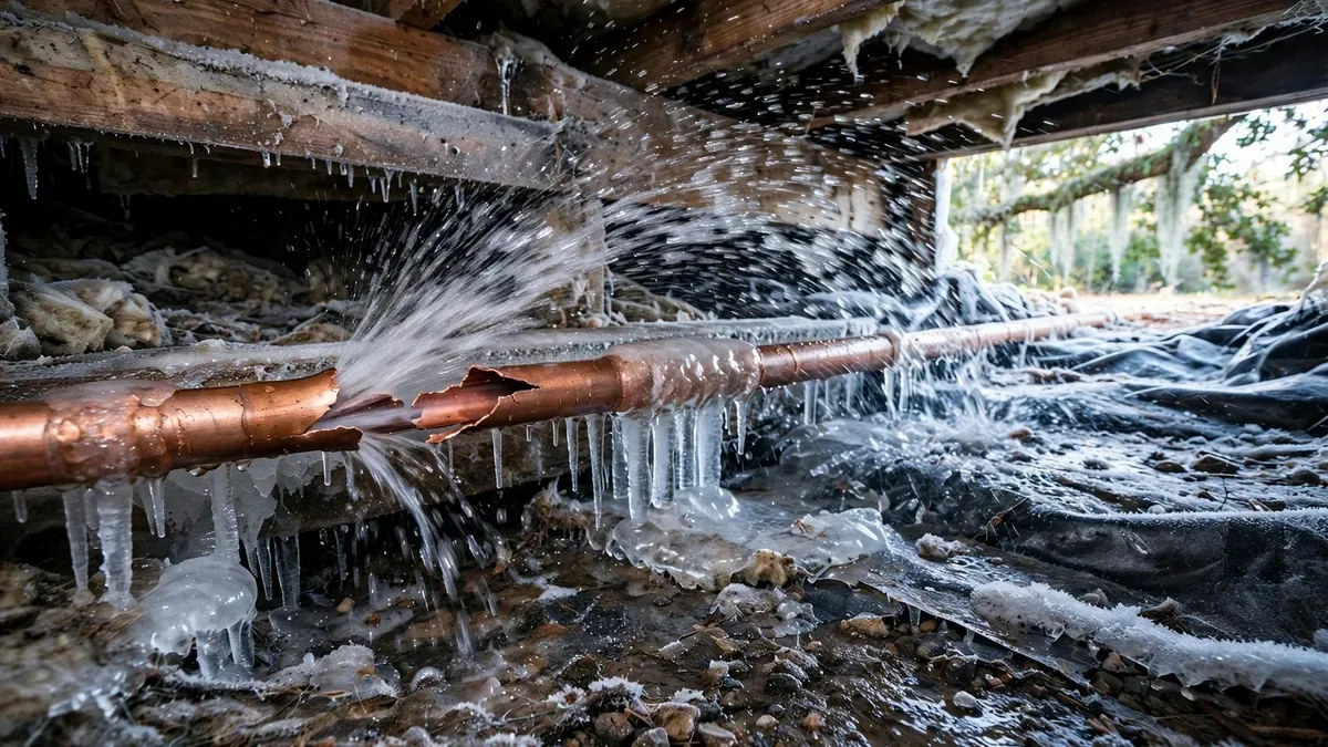 Burst copper water pipe spraying water in an icy crawl space