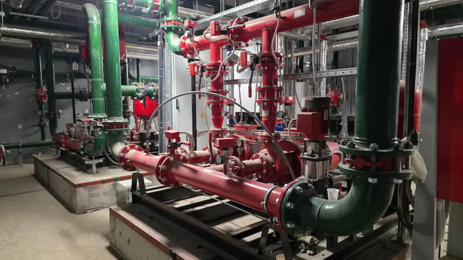 Commercial mechanical room with large red and green supply piping and pumps