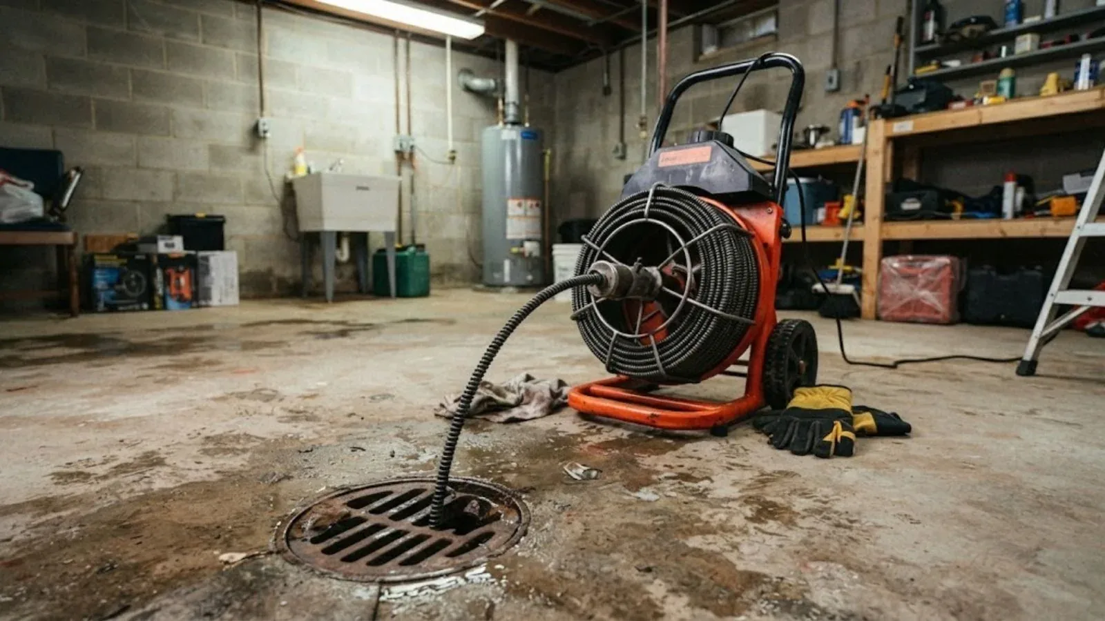Drain cleaning cable machine feeding a cable into a basement floor drain