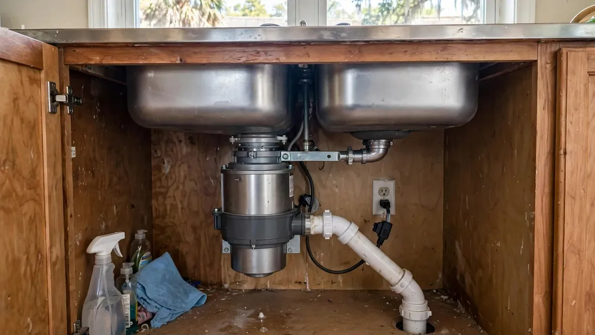 Garbage disposal mounted under a double kitchen sink with the cabinet open