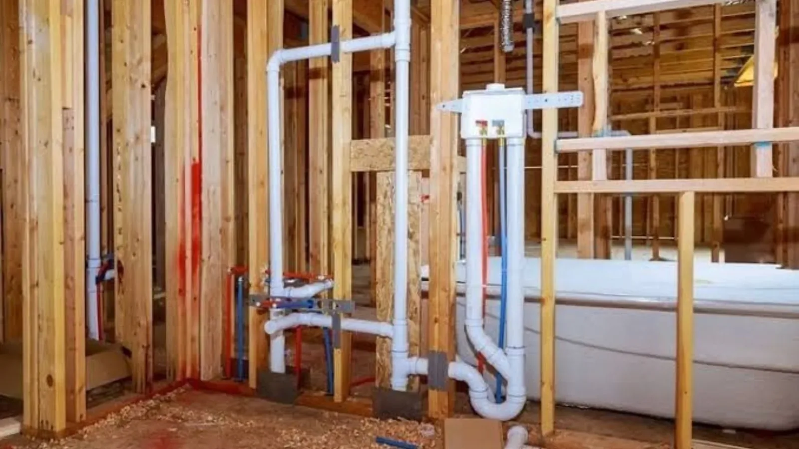 Rough-in plumbing in open wall framing with white drain pipes and supply lines
