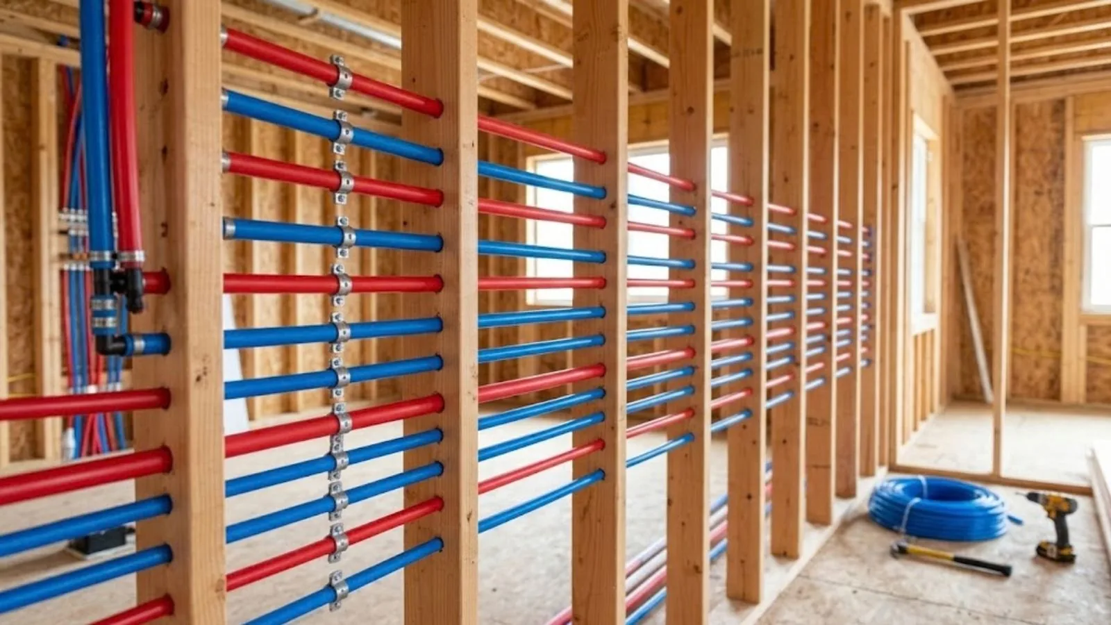 New red and blue PEX supply lines run through open wall studs