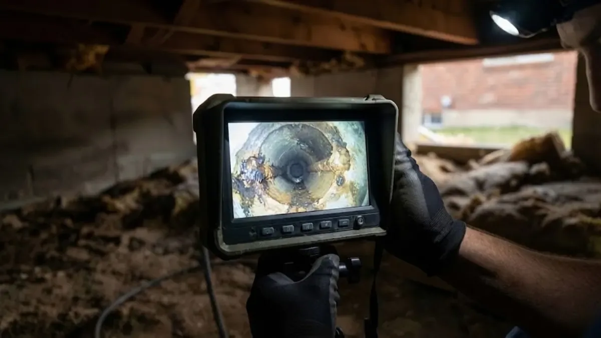 Handheld camera monitor showing the inside of a pipe during a sewer scope inspection in a crawl space