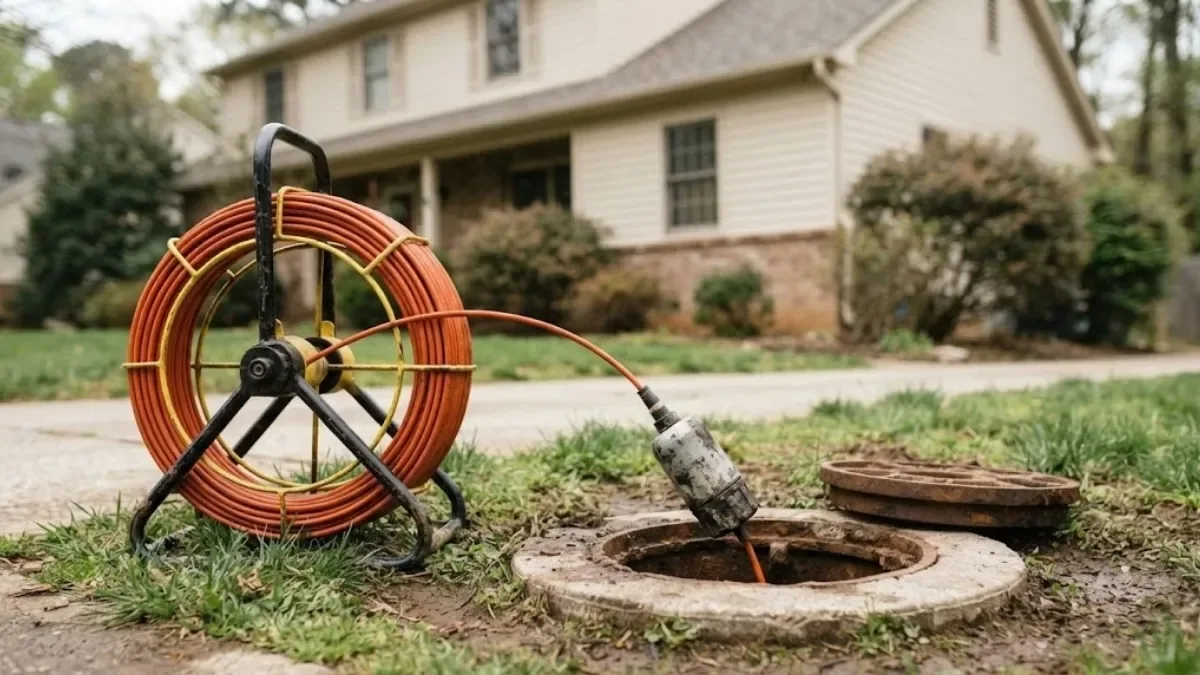 Orange cable reel feeding a line into a sewer cleanout in a front lawn