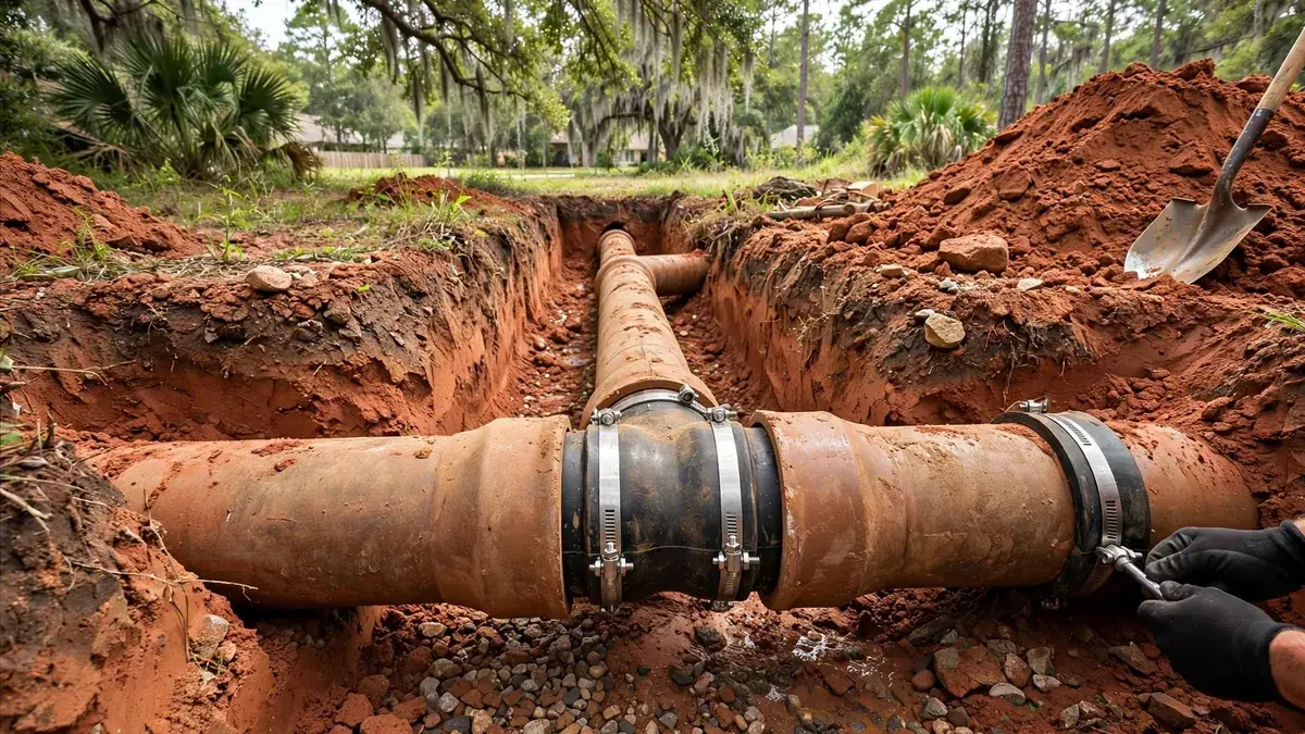 Clamped coupling joining sections of an exposed sewer pipe in an excavated trench