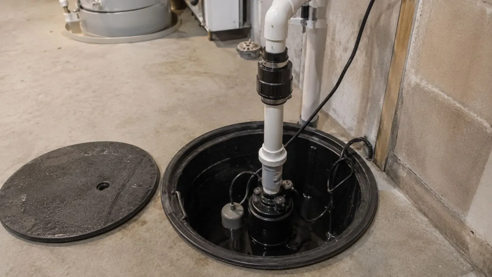 Sump pit with a submersible pump, white discharge pipe and removable cover in a basement