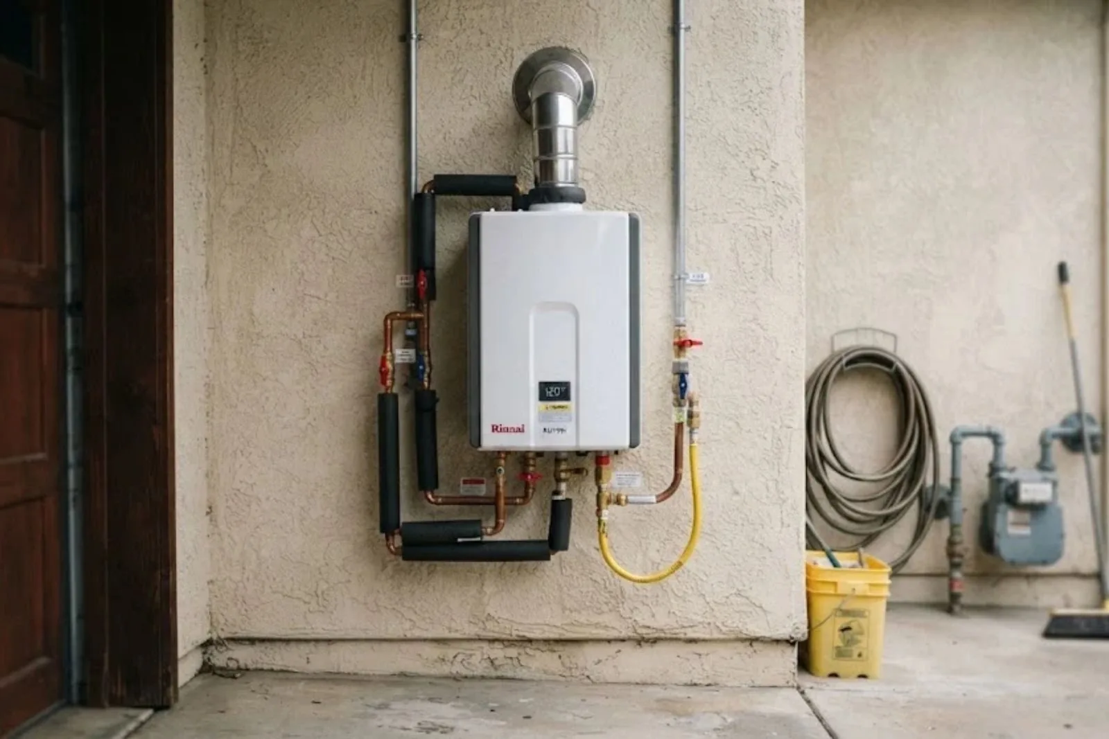 Wall-mounted tankless water heater with an exhaust vent and yellow gas line in a garage