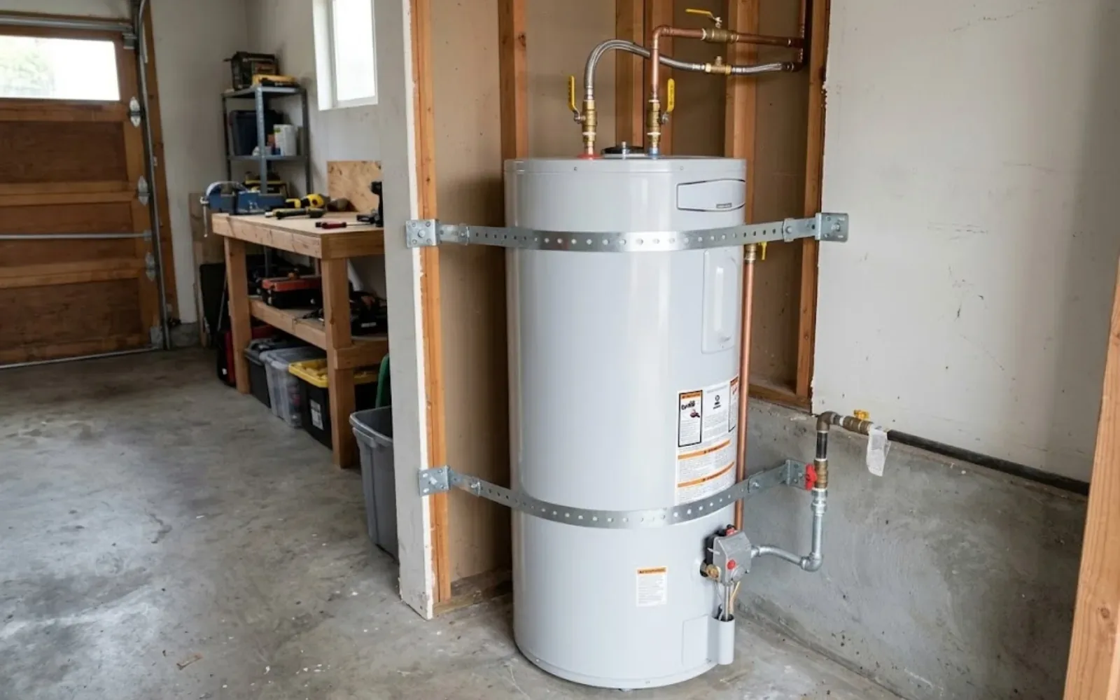 Tank water heater secured with metal straps against a garage wall with copper piping