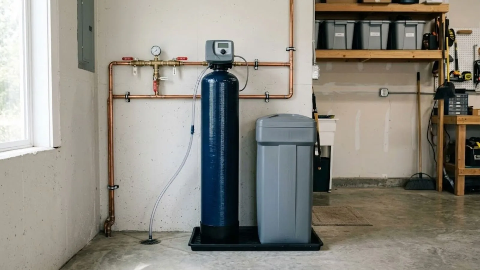 Water softener resin tank and brine tank in a garage next to copper supply pipes