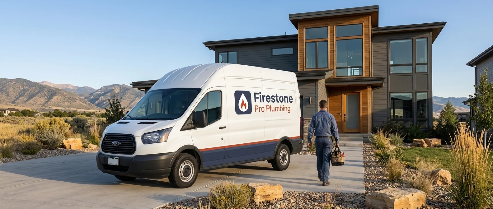 White Firestone Pro Plumbing service van parked in the driveway of a modern Colorado home with a plumber carrying a tool bag toward the front door